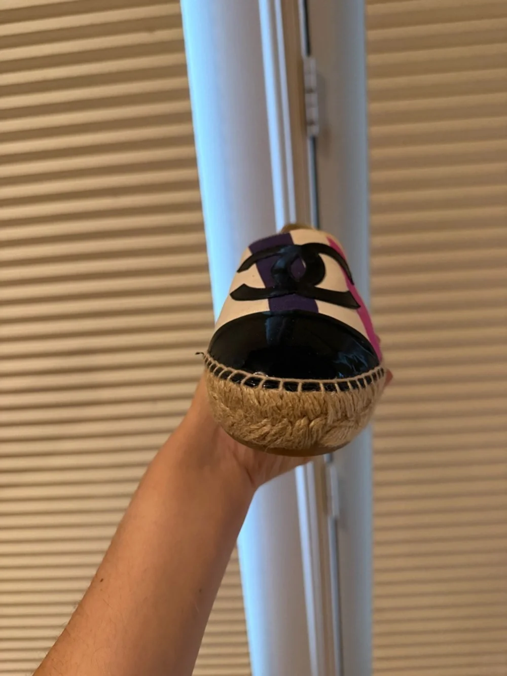 Authentic Chanel Multicolor Fabric Espadrilles Patent Black Toe Flat Size 39 - Picture 12 of 14